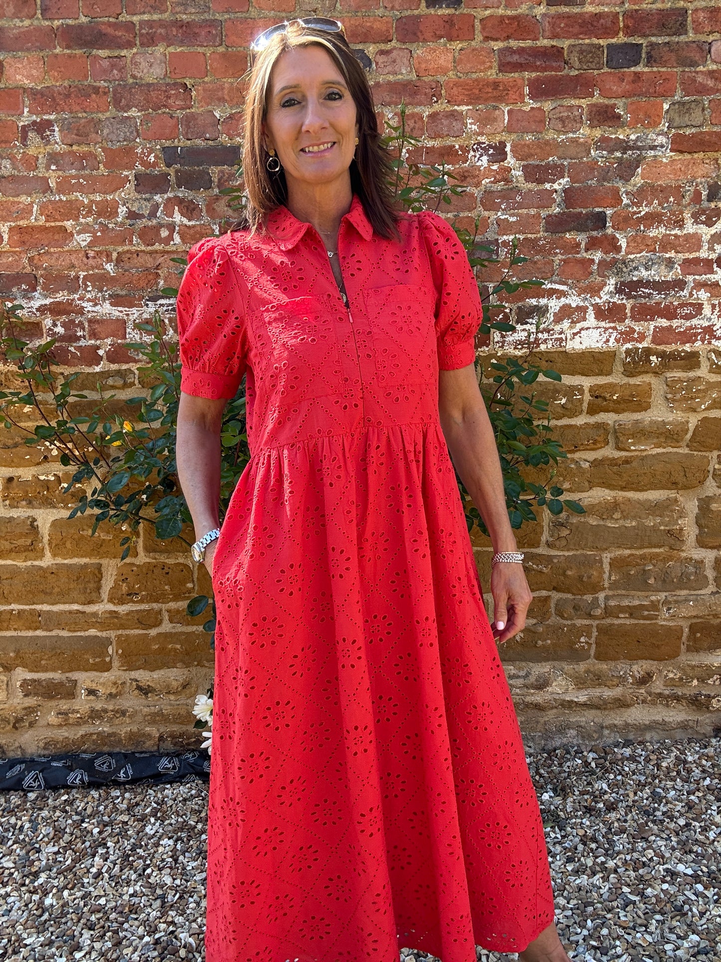 Olivia Coral Broderie Midi Dress