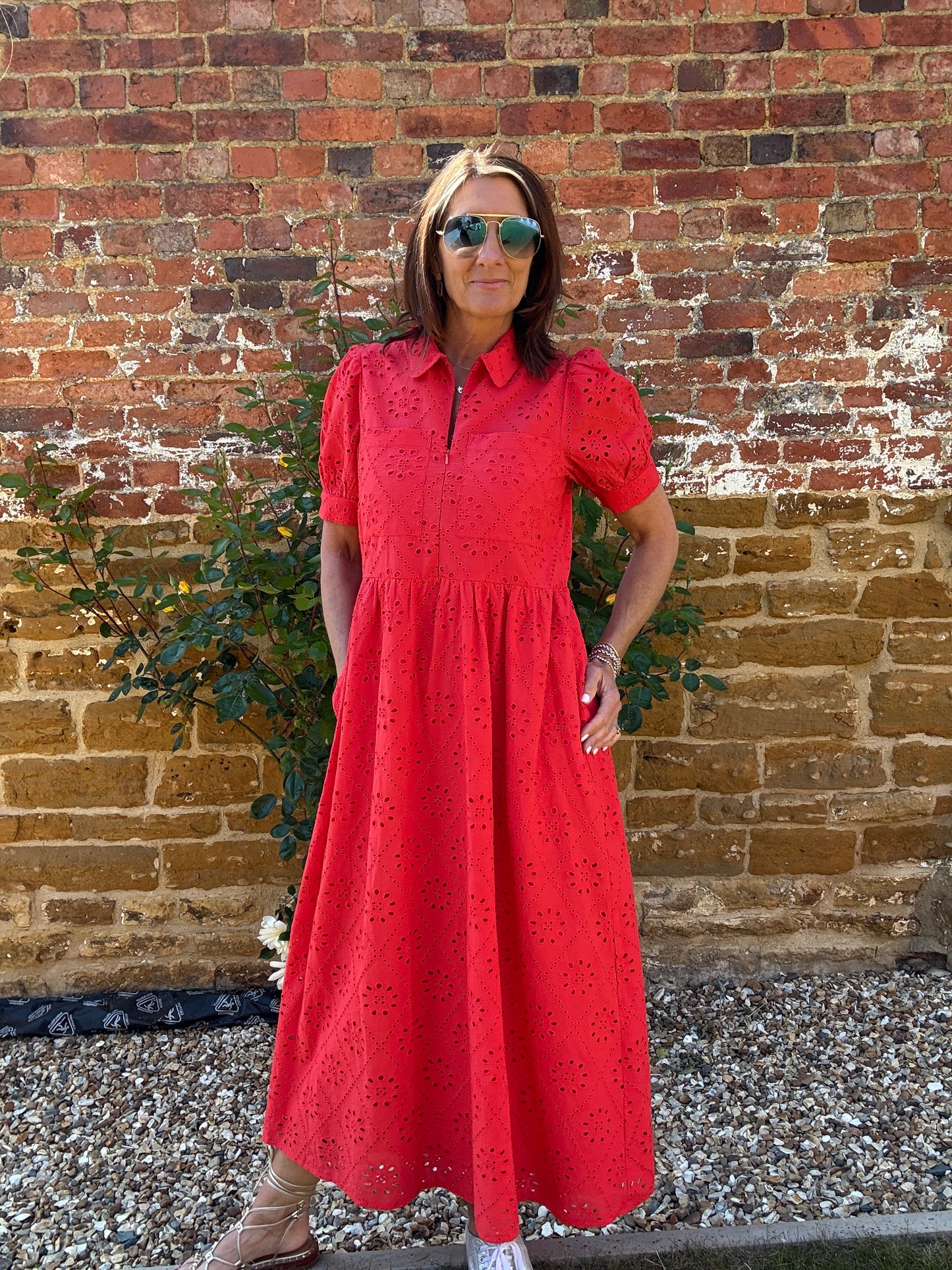 Olivia Coral Broderie Midi Dress