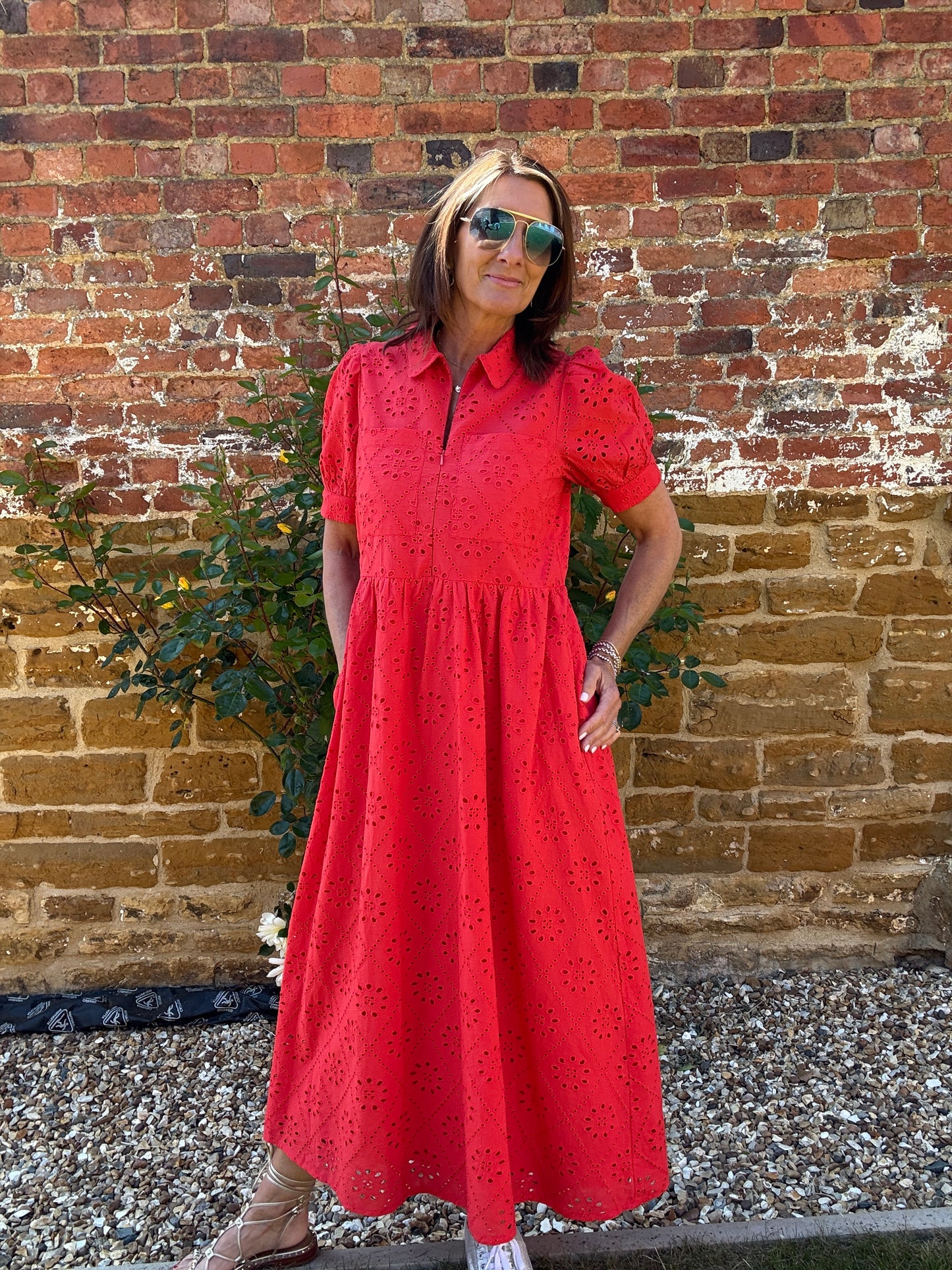 Olivia Coral Broderie Midi Dress