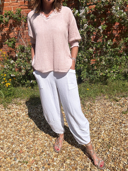 Olivia Slouchy Barrel Leg Linen Blend Crossover Cuff Trousers