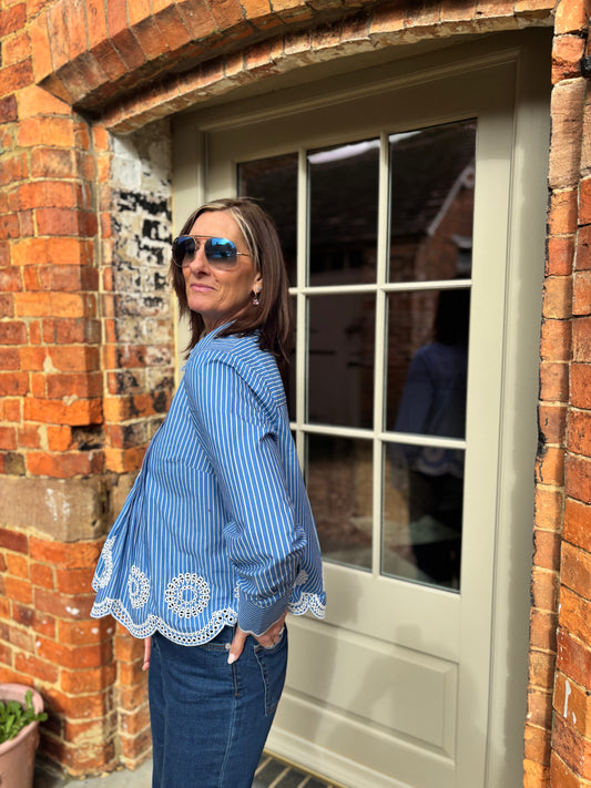 Leonie Blue Stripe Embroidered Blouse