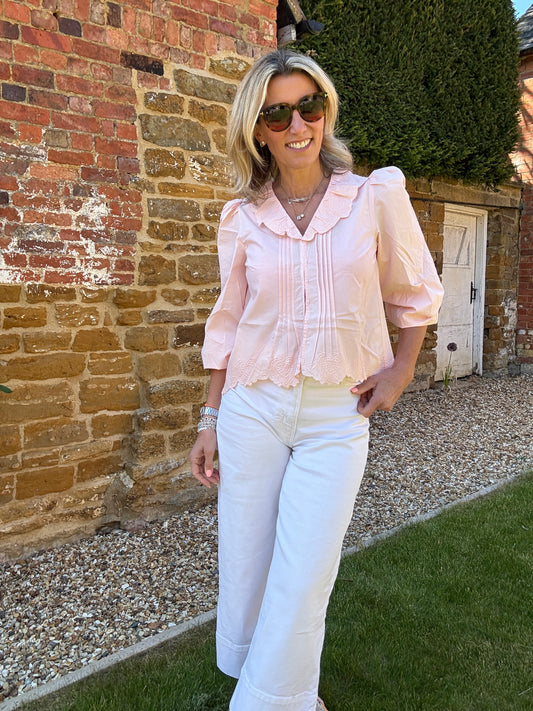 Helen Blush Heart Embroidery Collar Blouse