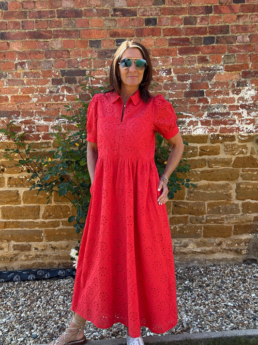 Olivia Coral Broderie Midi Dress
