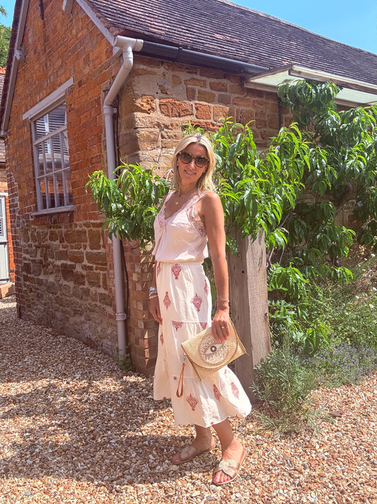 Callie Embroidered Tiered Midi Skirt